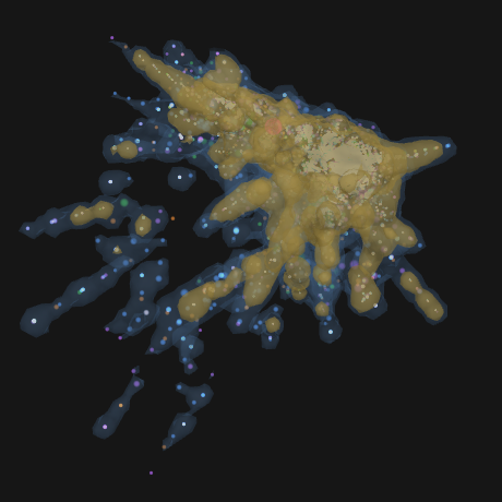 The Sprawl graph as a solid: a lit body with its arms of sparser entities